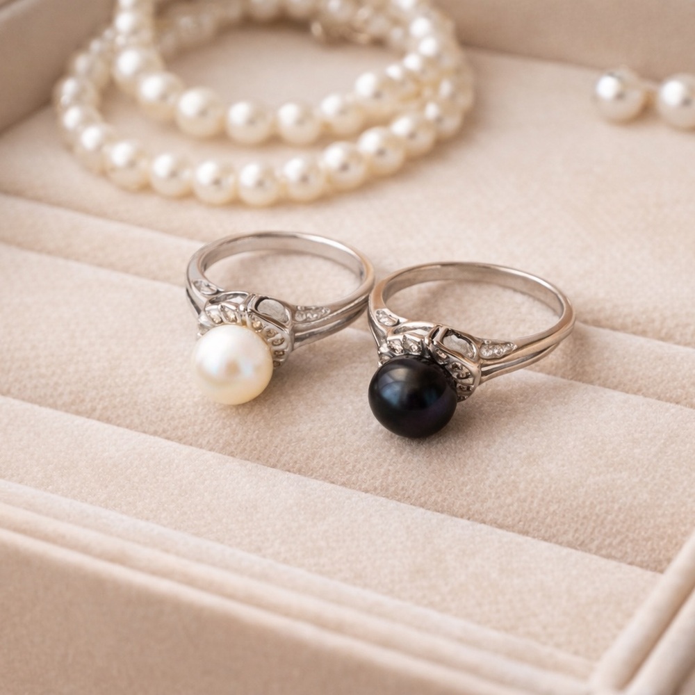 Pearl Ring Set – Classic White‎ & Black Pearl Statement Rings Sizes: 7.5